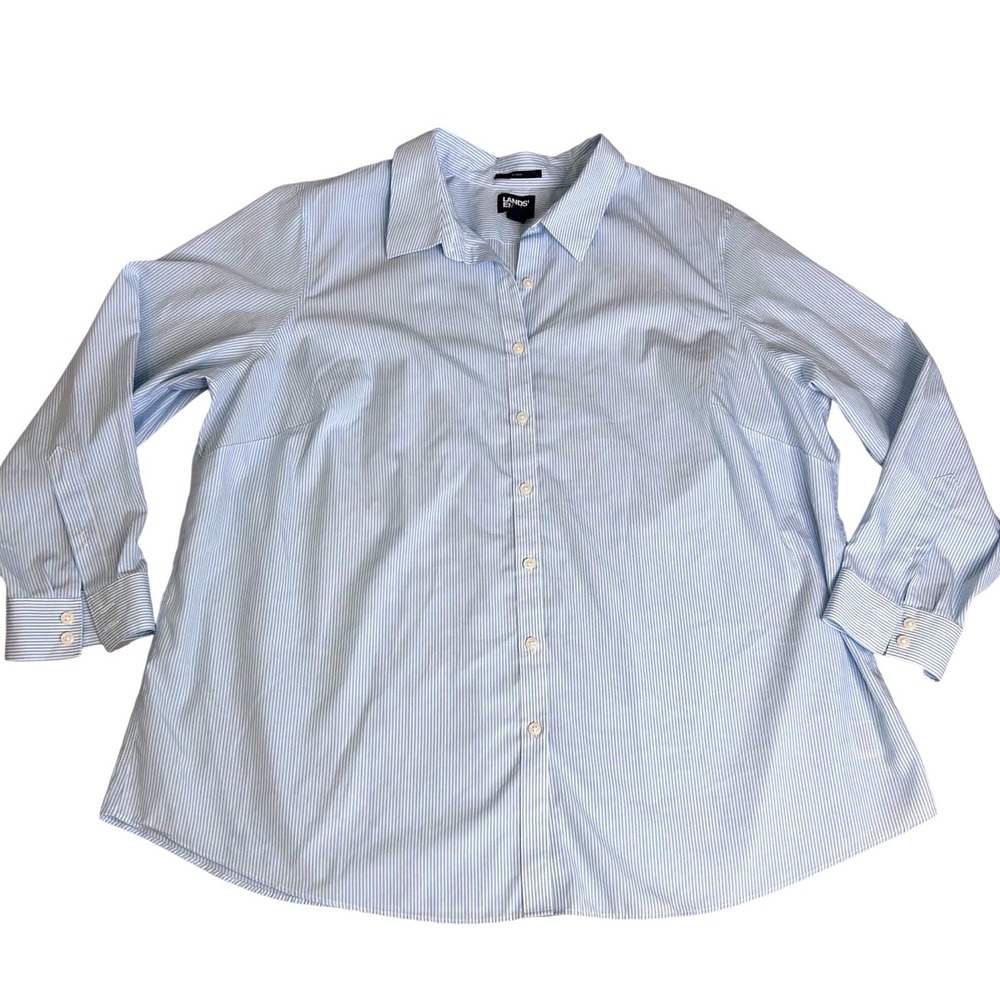 Lands End Womens 22W Blue White Striped No Iron Cotton Button Down Shirt